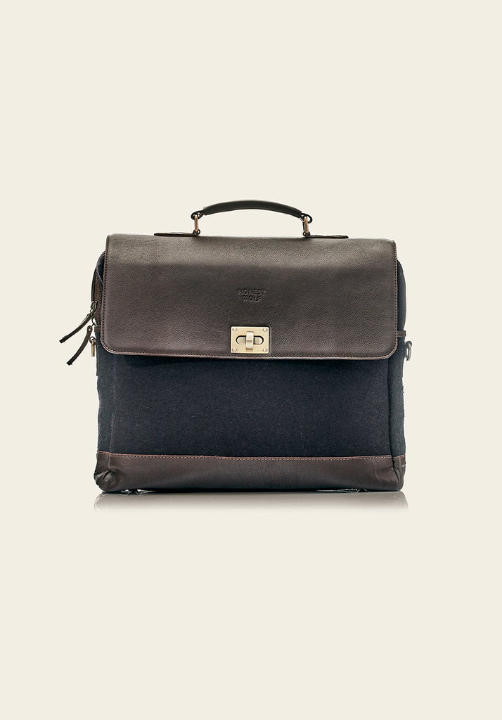 The Briefcase - Midnight/Brown - Front view of bag