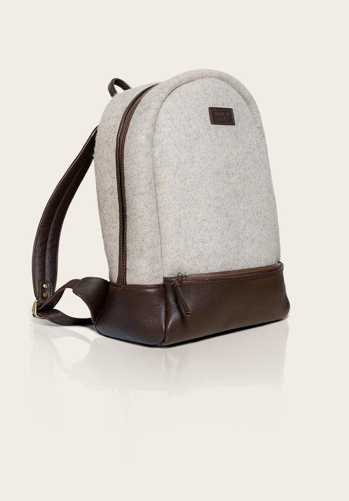 Honest wolf wool backpack in taupe with brown leather product