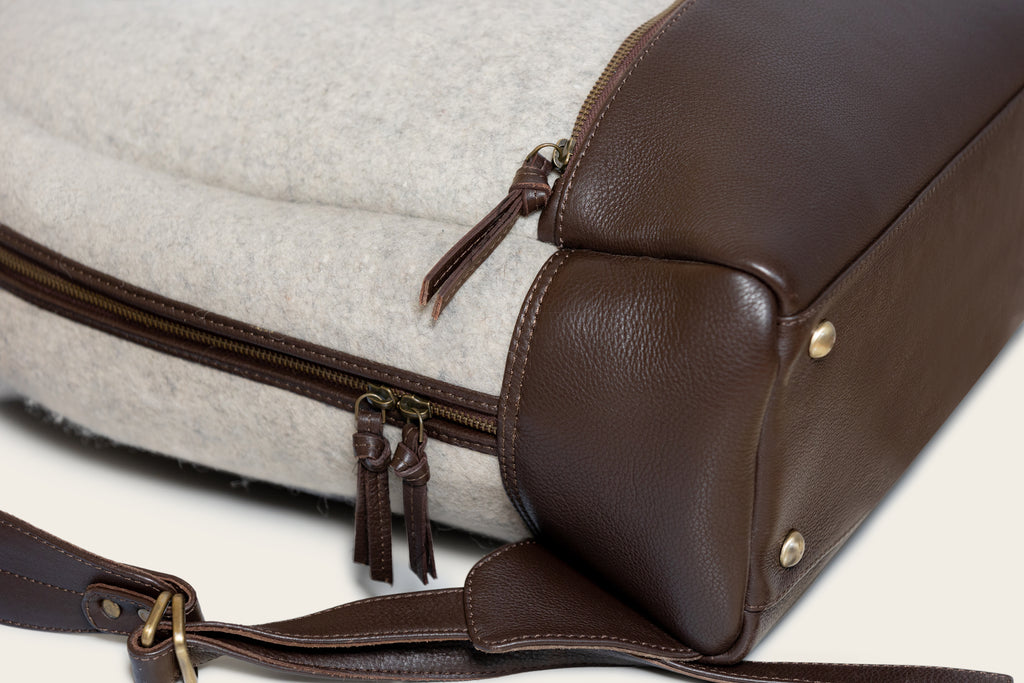 Honest wolf wool backpack in taupe with brown leather product