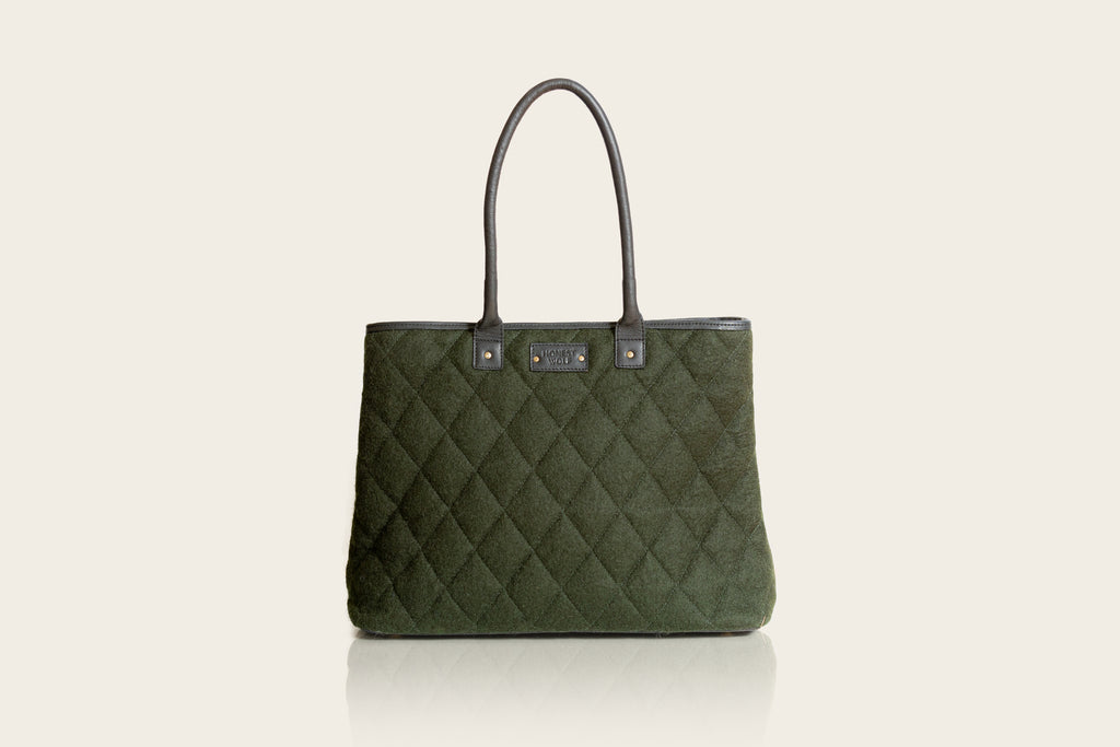 Honest wolf green quilted mini tote bag with wool material and leather accents product