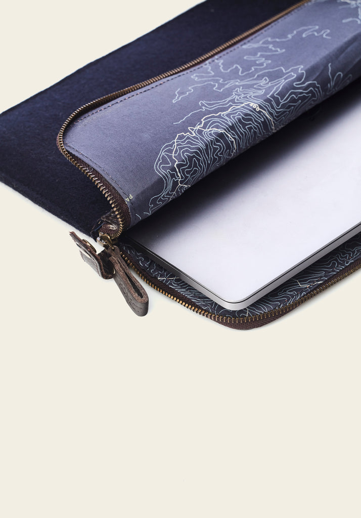 Honest wolf navy wool laptop sleeve brown leather product