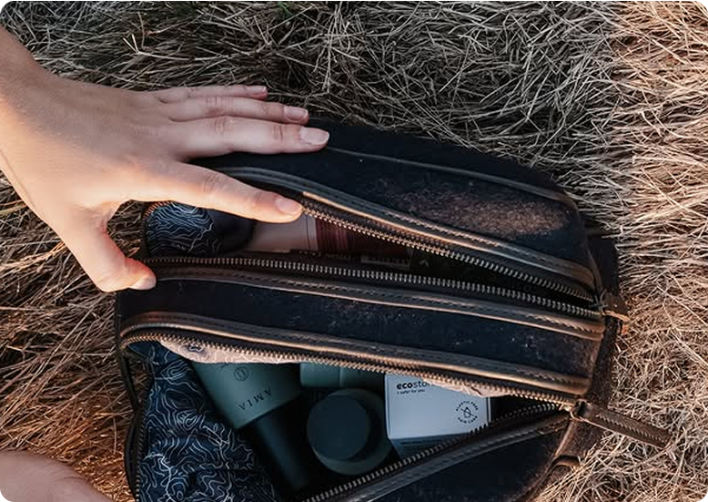 Honest Wolf washbag - open on grass background