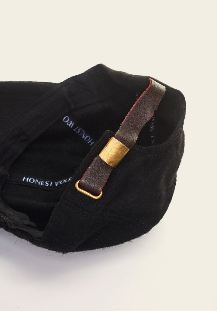 Honest Wolf black wool and brown leather legacy cap product 