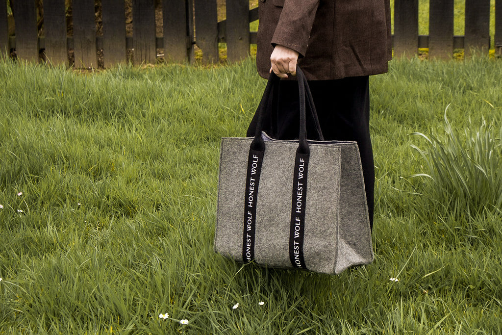 Honest wolf wool heritage bag grey marle lifestyle on farm