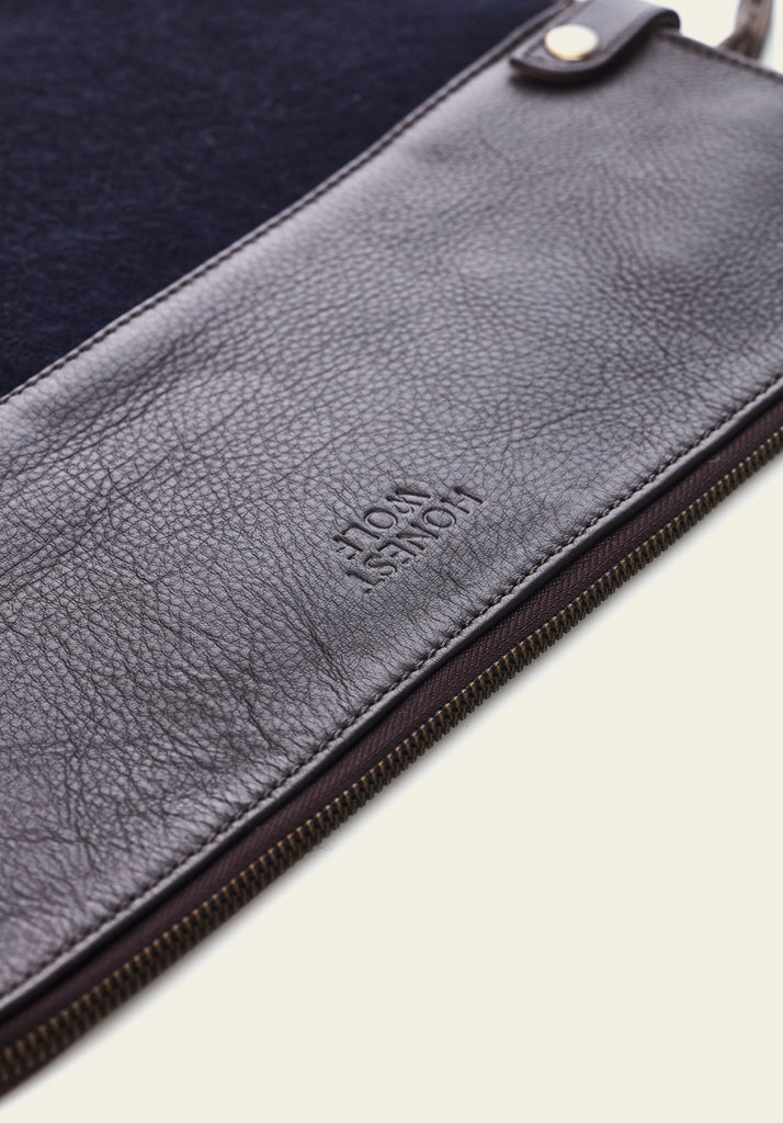 Honest wolf navy wool laptop sleeve brown leather product