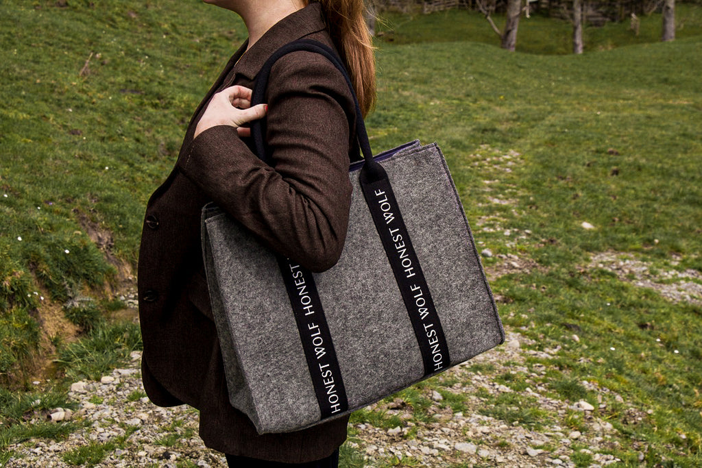 Honest wolf wool heritage bag grey marle lifestyle on farm