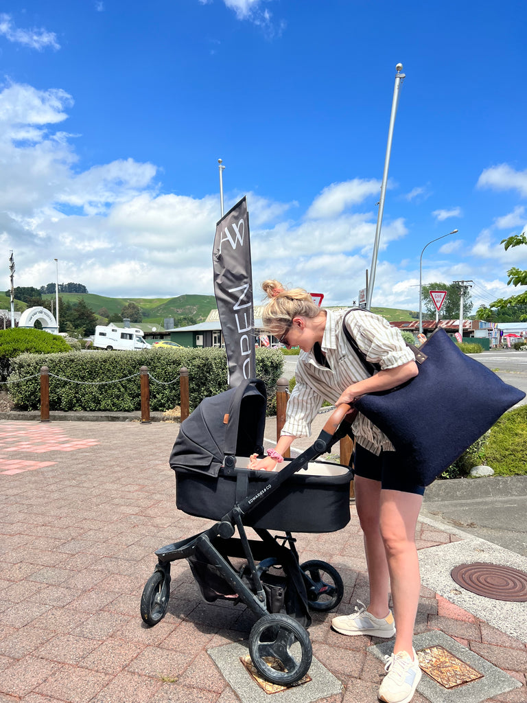 honest wolf navy wool mini tote bag lifestyle
