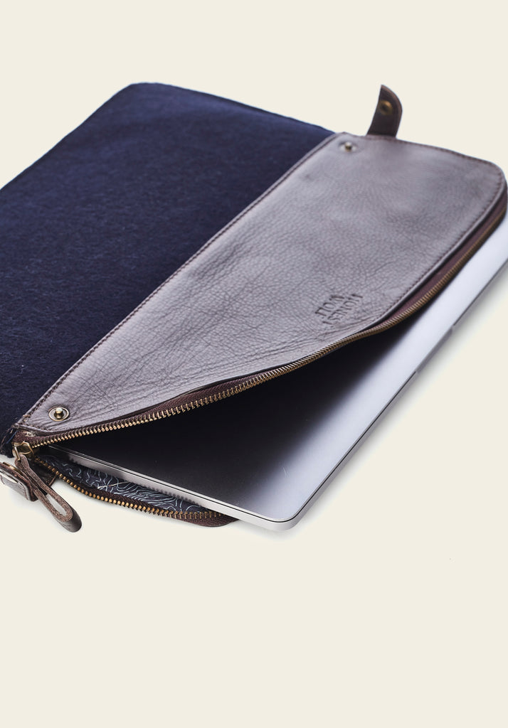 Honest wolf navy wool laptop sleeve brown leather product