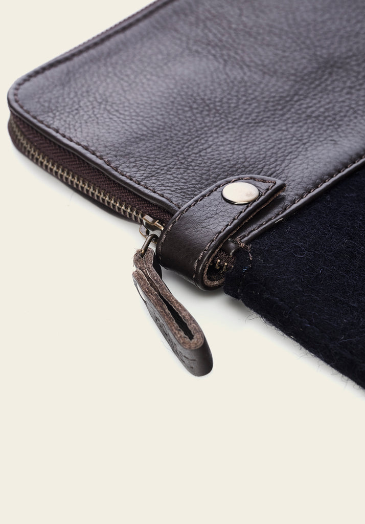 Honest wolf navy wool laptop sleeve brown leather product