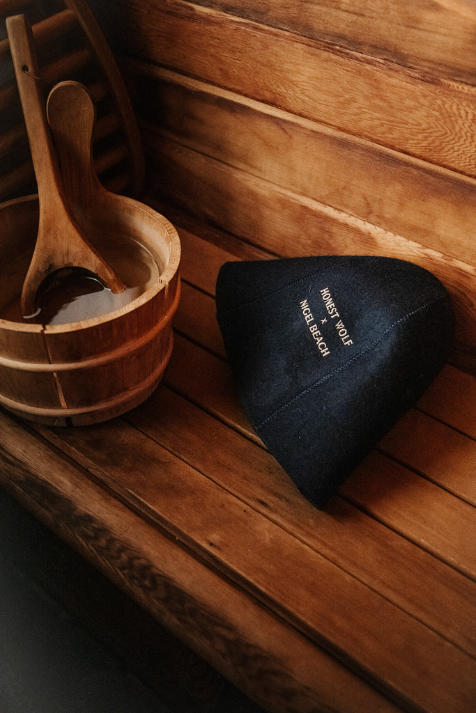 Honest wolf wool navy felt sauna hat lifestyle