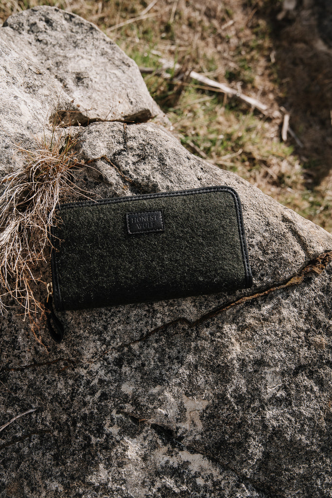 honest wolf womens wool zip wallet forest green lifestyle