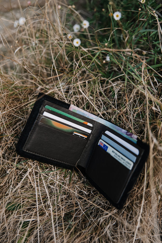 Honest Wolf wool and leather mens billfold wallet lifestyle