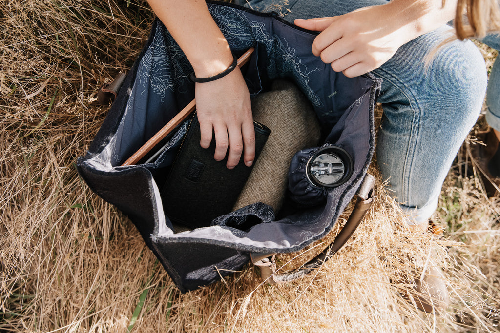 honest wolf navy wool everyday tote bag lifestyle