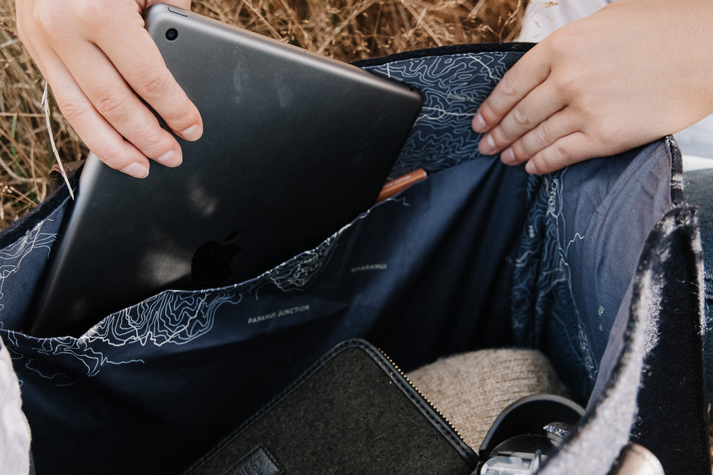 honest wolf black wool everyday tote bag lifestyle
