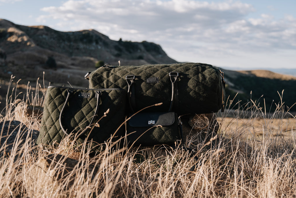 Honest Wolf green wool quilted crossbody lifestyle 