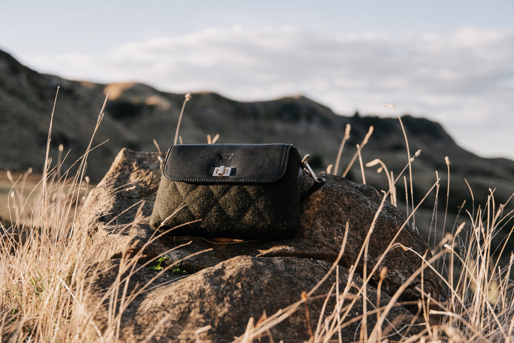 Honest Wolf green wool quilted crossbody lifestyle 