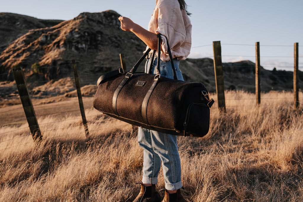 Honest Wolf wool weekend/overnight bag bag in midnight black lifestyle