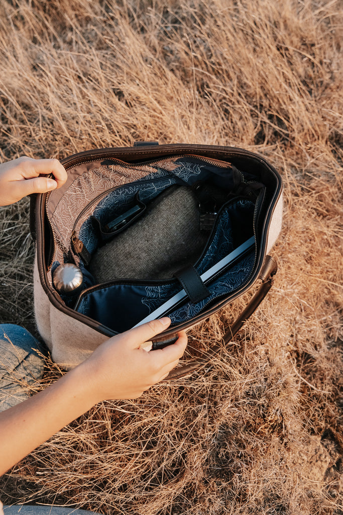  Honest Wolf wool mini tote bag in taupe lifestyle