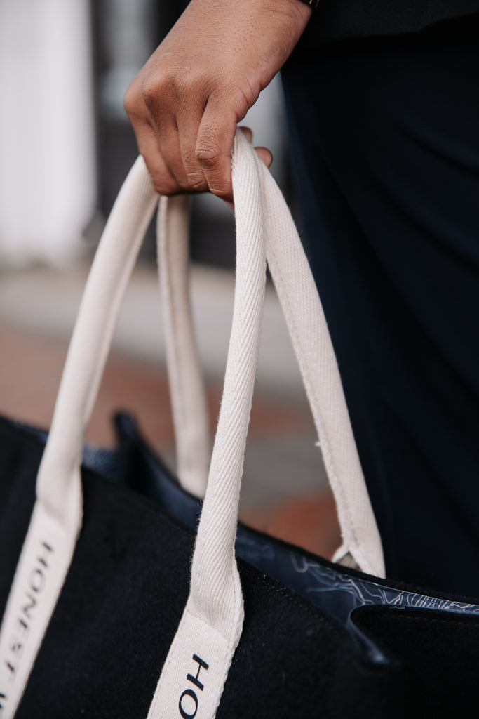 Honest Wolf black and cream wool heritage tote lifestyle