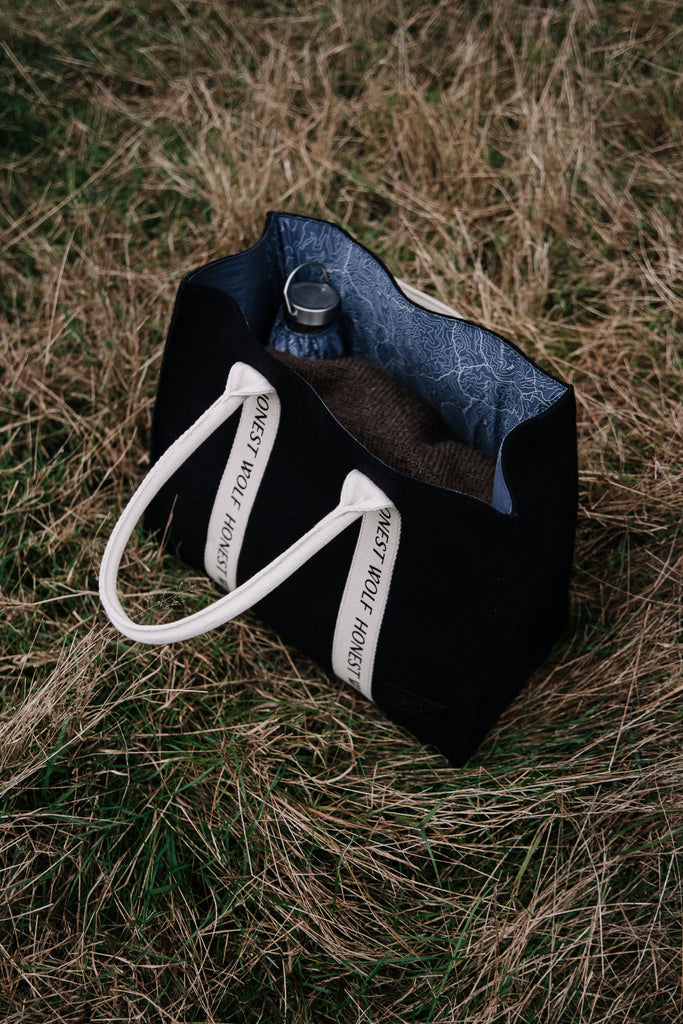 Honest Wolf black and cream wool heritage tote lifestyle