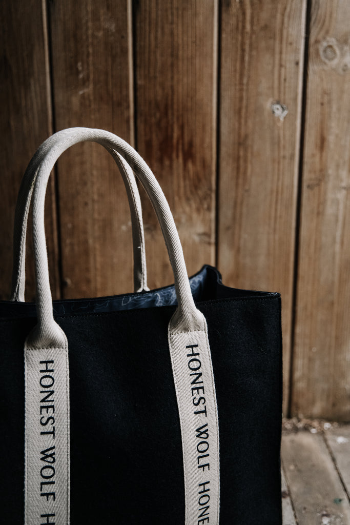 Honest Wolf black and cream wool heritage tote lifestyle
