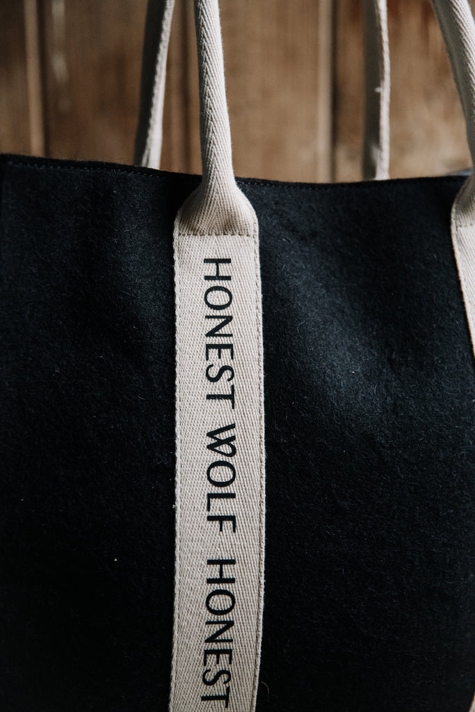 Honest Wolf black and cream wool heritage tote lifestyle 
