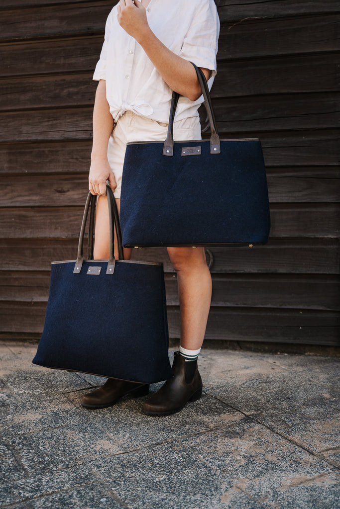 honest wolf navy wool mini tote bag lifestyle