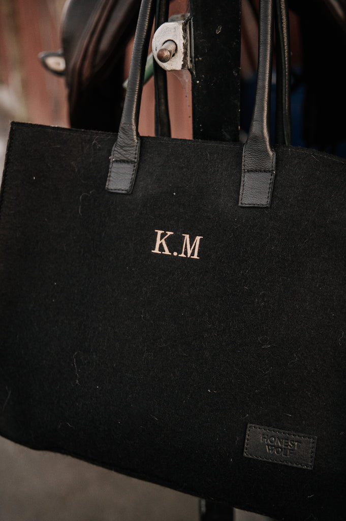 honest wolf black wool everyday tote bag lifestyle embroidery