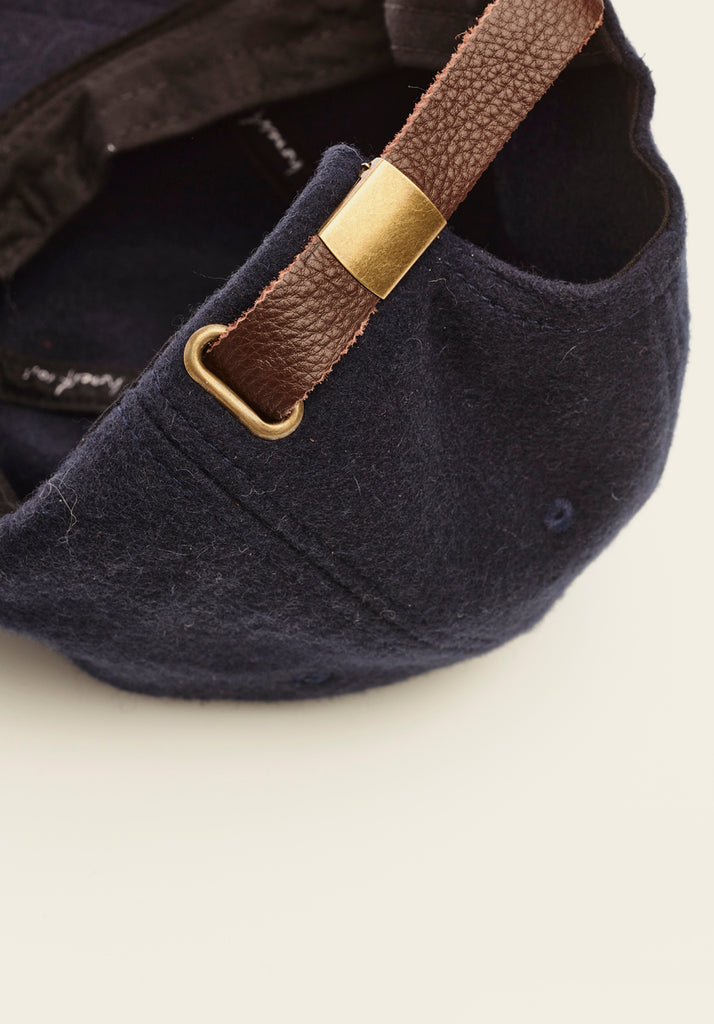 honest wolf The Wool Cap - Classic Navy - close up of back strap and finishing detail product