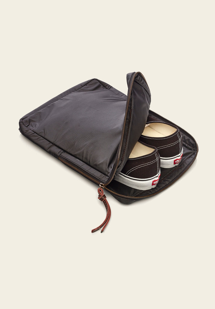 Honest wolf wool backpack in taupe with brown leather, detachable shoe pocket product