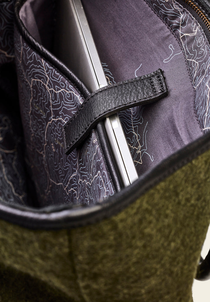 honest wolf forest green wool mini tote bag product view of theview of the inside lap top pocket