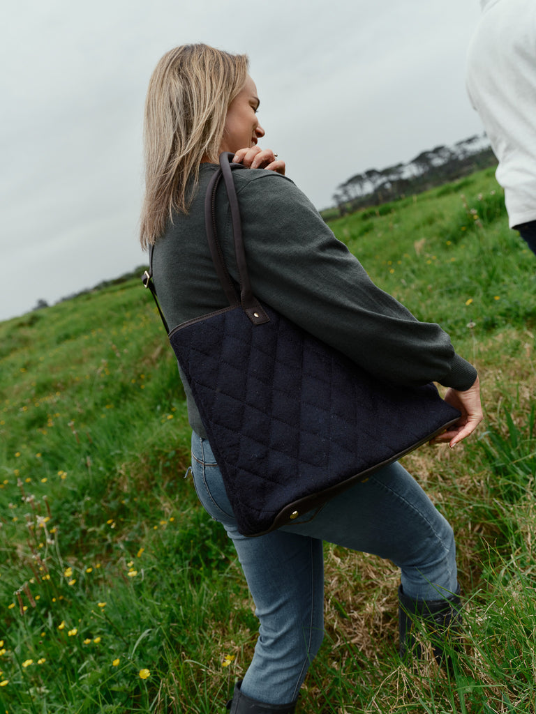 honest wolf wool navy quilted tote bag lifestyle