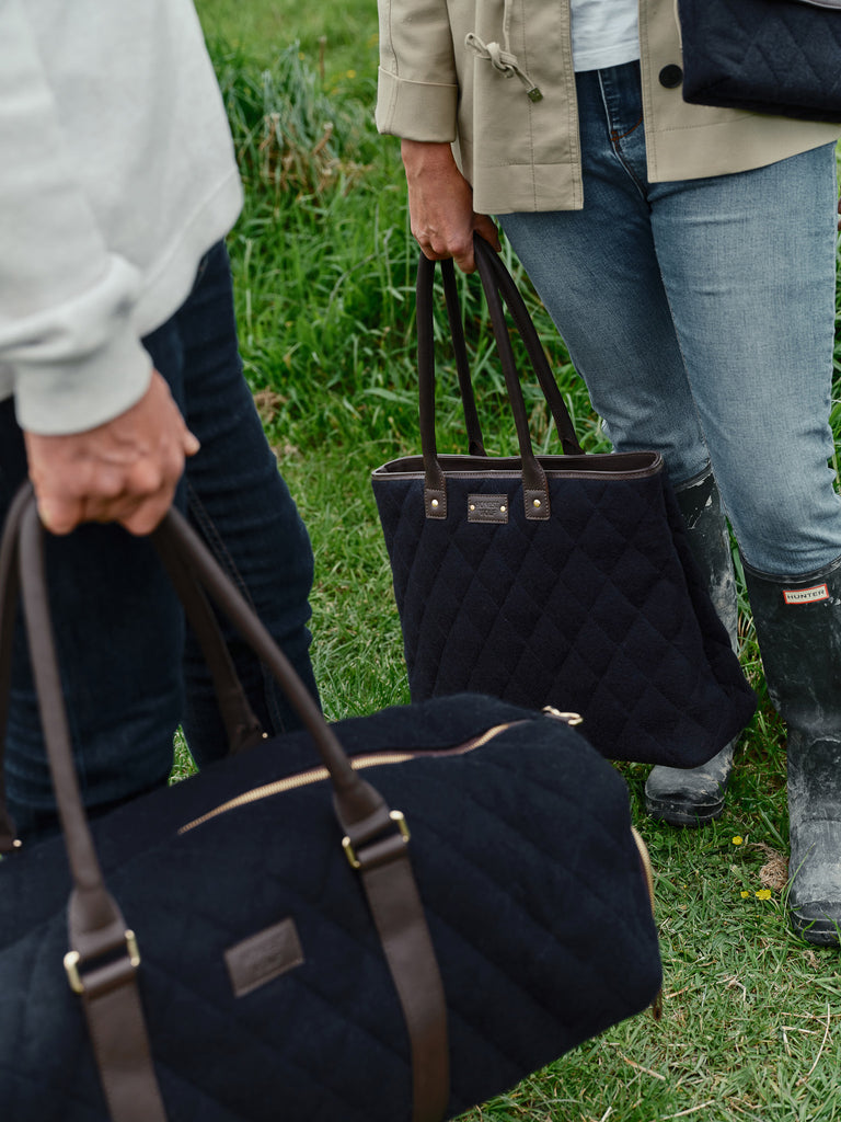 honest wolf wool navy quilted tote bag lifestyle