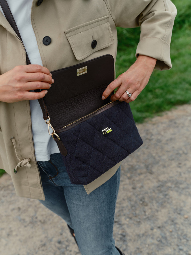 honest wolf wool navy quilted crossbody bag  lifestyle