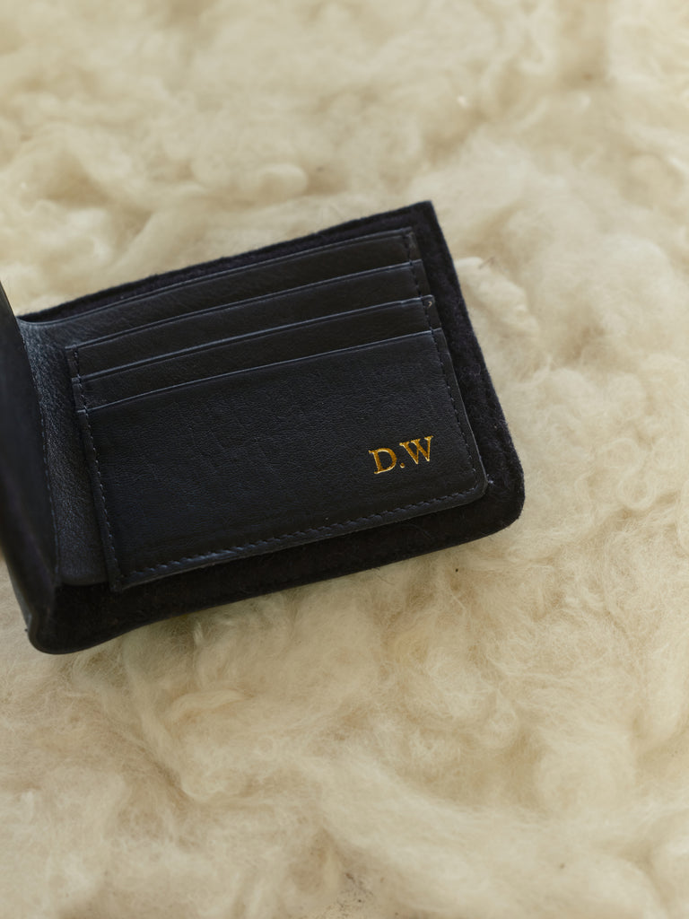 Honest Wolf wool and leather mens billfold wallet black lifestyle embossing 
