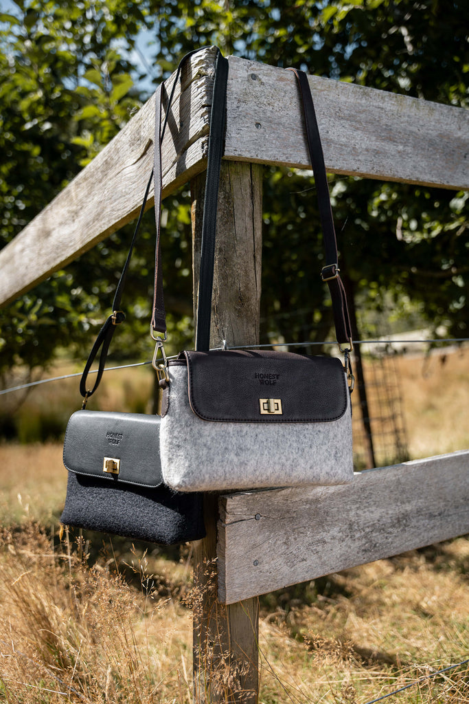 honest wolf taupe grey wool crossbody lifestyle