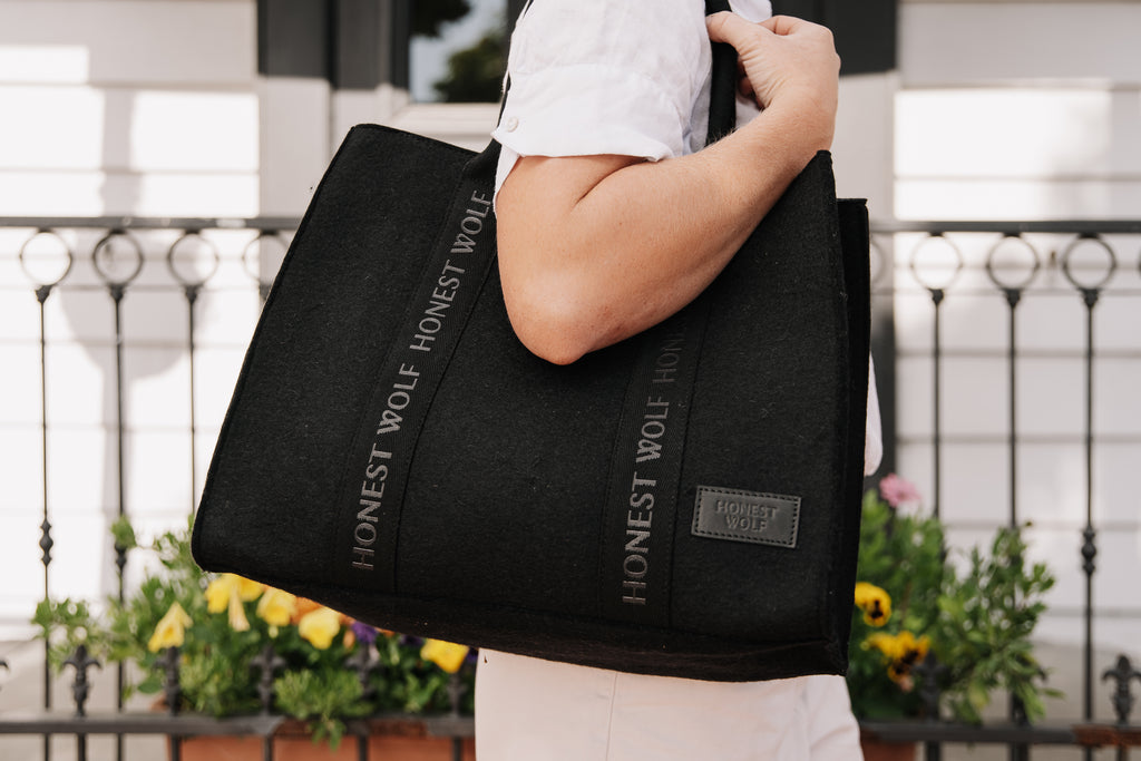 Honest Wolf black wool heritage tote bag lifestyle
