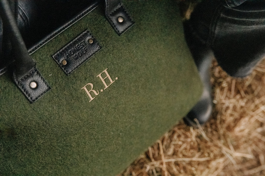 honest wolf forest green wool mini tote bag lifestyle embroidery