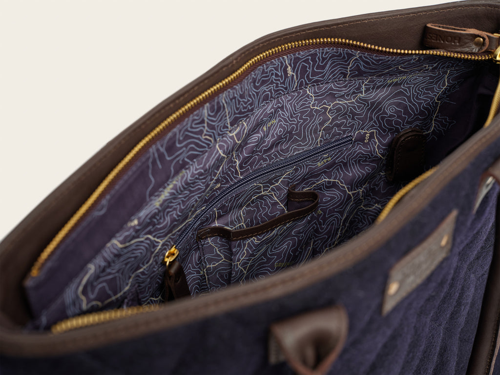 honest wolf wool navy quilted tote bag  product
