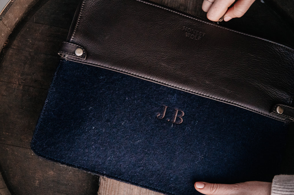 Honest wolf navy wool laptop sleeve brown leather lifestyle embroidery