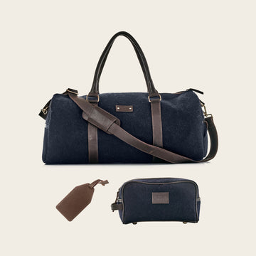 Honest wolf travel pack with the weekender travel tag and wash bag in navy