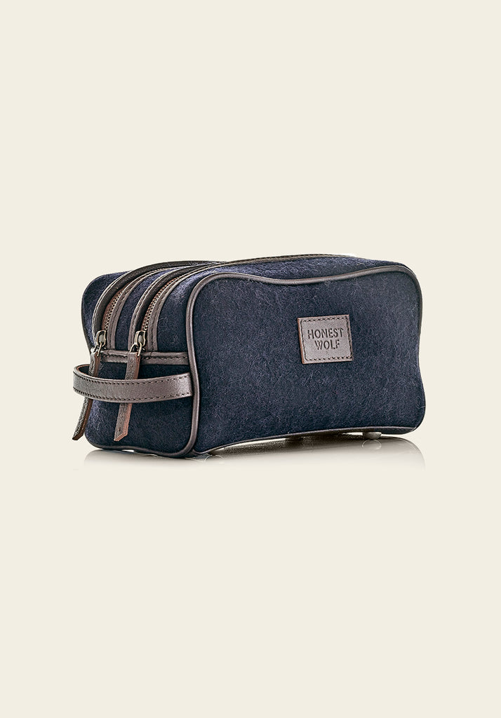 honest wolf wool wash bag navy with brown leather product 