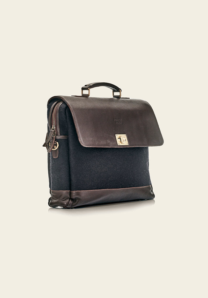 The Briefcase - Midnight/Brown - view of bag with side panel detail