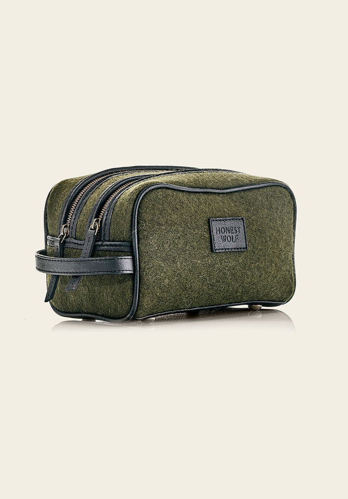 Honest wolf wool Wash Bag - Forest Green - Side view of bag product